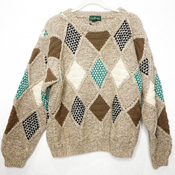 Boundary Waters Vintage 90 Streetwear Shetland Wool Diamond Knit Grandpa Sweater - Picture 1 of 8